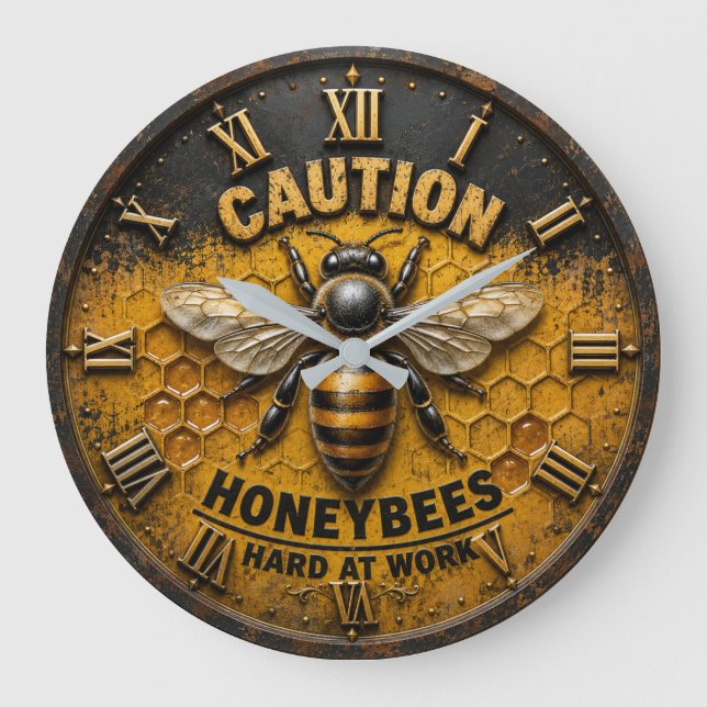 Caution Honeybees Hard at Work  Rustic Beekeeper  Large Clock (Front)