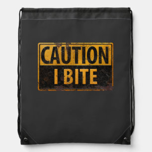 CAUTION - I BITE  rusty metal danger warning sign Drawstring Bag