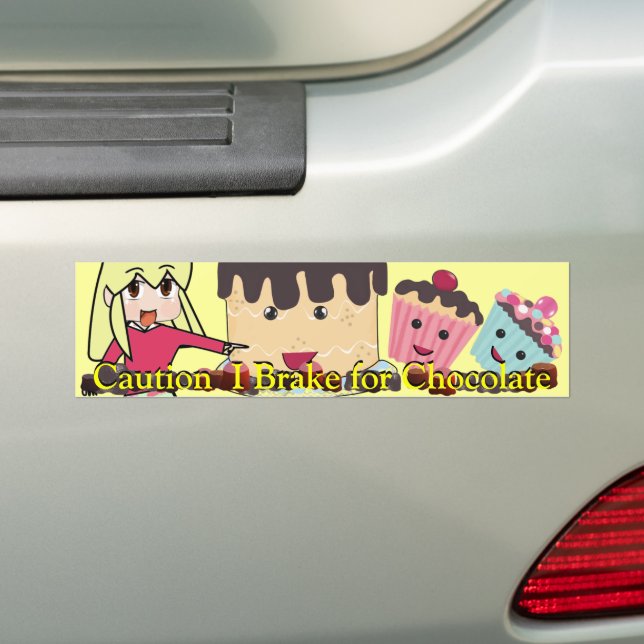Caution I brake for Chocolate Chibi - Customized Bumper Sticker (On Car)