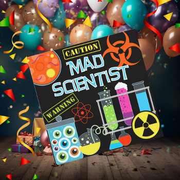 Caution Mad Scientist Birthday Party Invitation by kids_birthdays at Zazzle