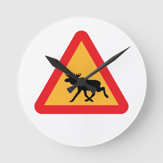 Caution Moose Swedish Traffic Sign Round Clock (Front)