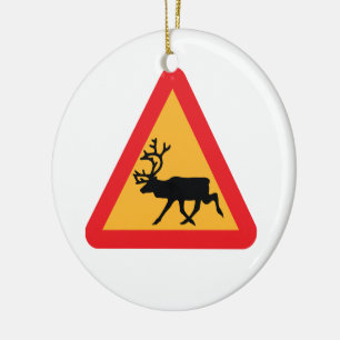 Caution Reindeer Swedish Traffic Sign Ceramic Ornament