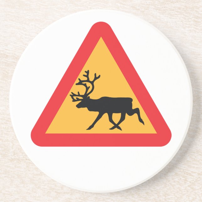 Caution Reindeer Swedish Traffic Sign Coaster (Front)