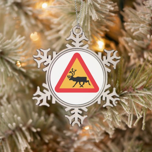 Caution Reindeer Swedish Traffic Sign Snowflake Pewter Christmas Ornament