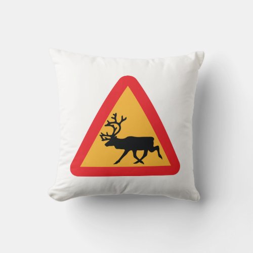 Caution Reindeer Swedish Traffic Sign Throw Pillow