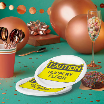 Caution Slipper Floor Sign Paper Plates by spudcreative at Zazzle