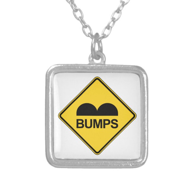 Caution Speed Bumps Funny Traffic Sign Silver Plated Necklace (Front)