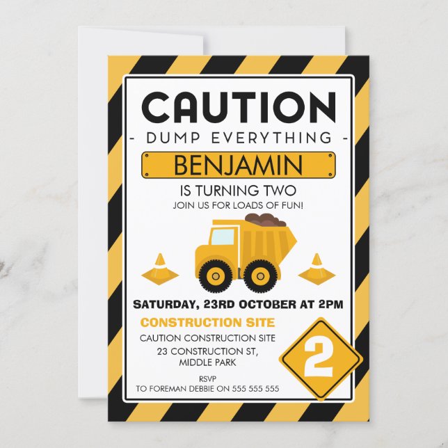 Caution Under Construction Birthday Invitation (Front)