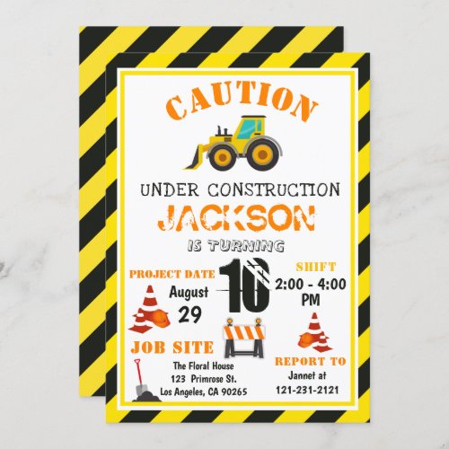 Caution Under Construction Dump the Truck Birthday Invitation