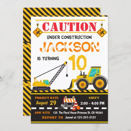 Caution Under Construction Dump Truck Boy Birthday Invitation