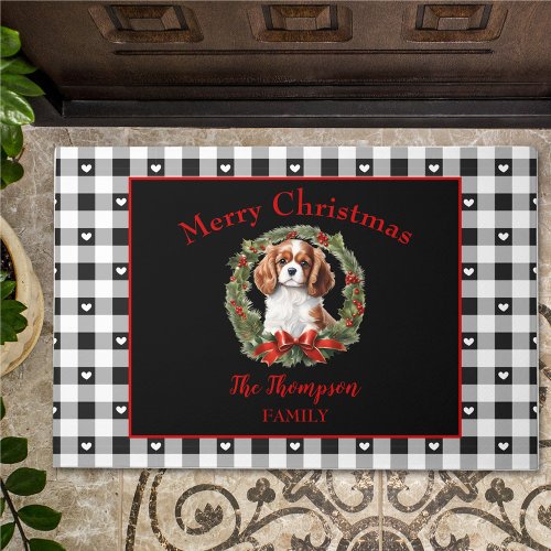 Cavalier Charles Christmas Gingham Family Name Doormat