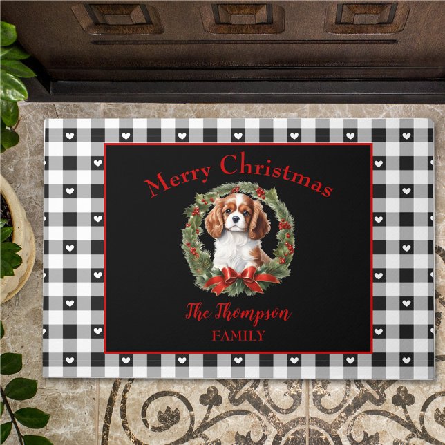 Cavalier Charles Christmas Gingham Family Name Doormat (Cavalier Charles Christmas Gingham Family Name Doormat)
