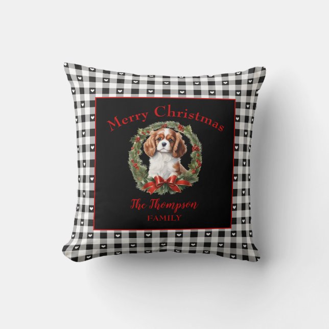 Cavalier Charles Christmas Gingham Family Name Throw Pillow (Front)