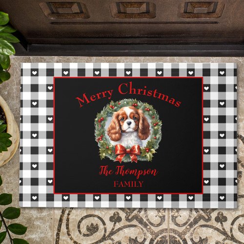 Cavalier Charles Dog Christmas Gingham Family Name Doormat