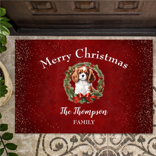 Cavalier Dog Christmas Family Name Door Mat