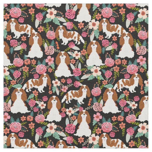 cavalier kc spaniel blenheim vintage florals fabric (Close Up)