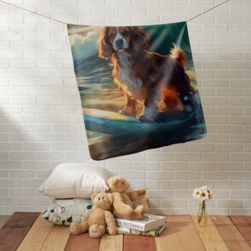 Cavalier King Beach Surfing Painting Baby Blanket