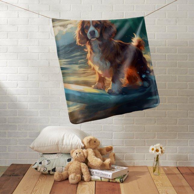 Cavalier King Beach Surfing Painting Baby Blanket (In Situ)