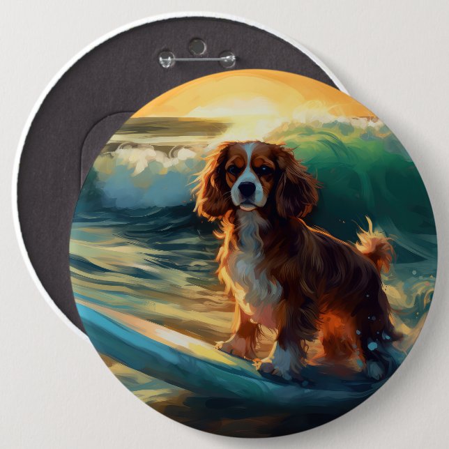 Cavalier King Beach Surfing Painting Button (Front & Back)