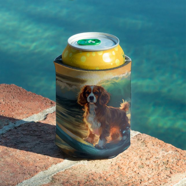 Cavalier King Beach Surfing Painting Can Cooler (In Situ Pool)