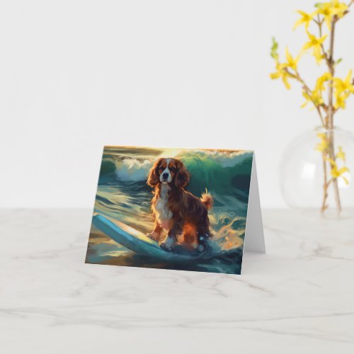 Cavalier King Beach Surfing Painting Card