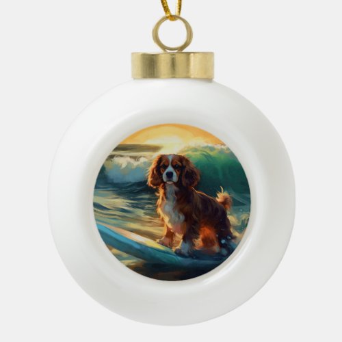 Cavalier King Beach Surfing Painting Ceramic Ball Christmas Ornament