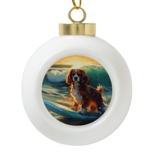 Cavalier King Beach Surfing Painting Ceramic Ball Christmas Ornament