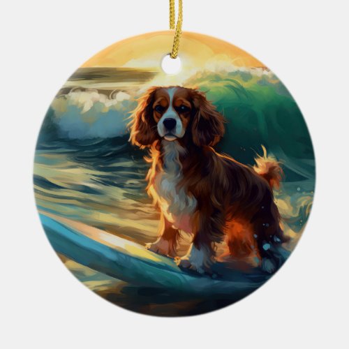 Cavalier King Beach Surfing Painting Ceramic Ornament