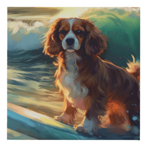 Cavalier King Beach Surfing Painting Faux Canvas Print