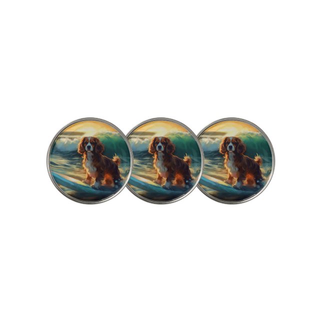 Cavalier King Beach Surfing Painting Golf Ball Marker (3 Up)