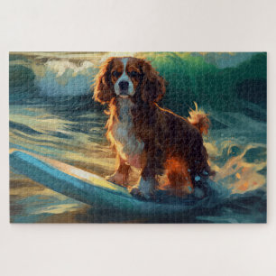Cavalier King Beach Surfing Painting Jigsaw Puzzle