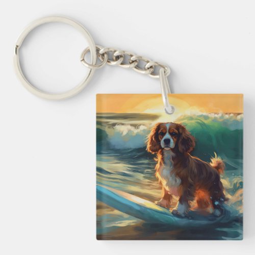 Cavalier King Beach Surfing Painting Keychain