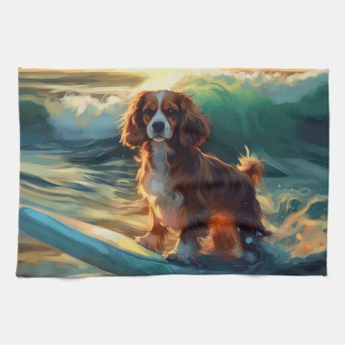 Cavalier King Beach Surfing Painting Kitchen Towel