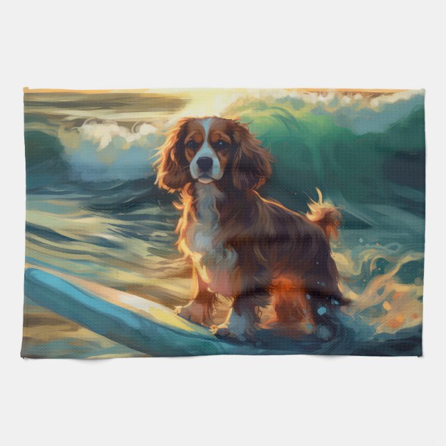 Cavalier King Beach Surfing Painting Kitchen Towel (Horizontal)