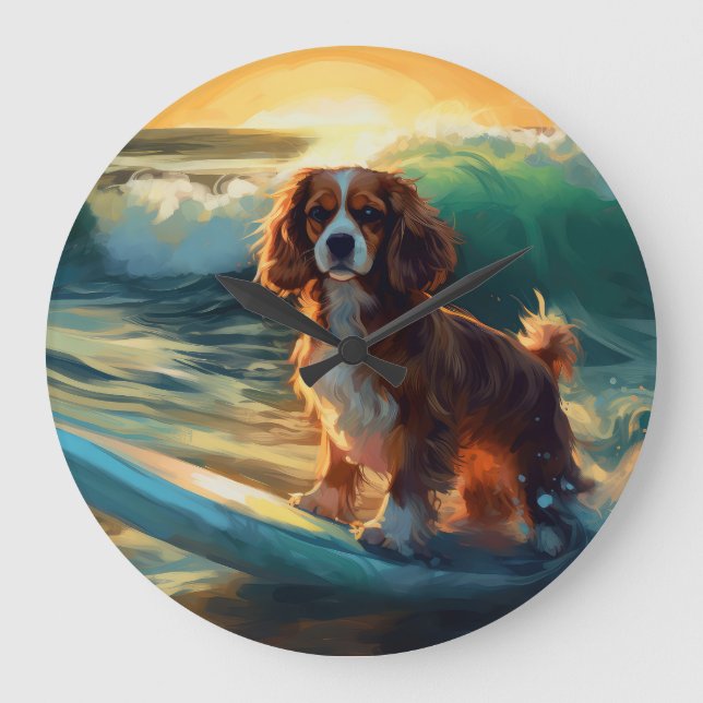 Cavalier King Beach Surfing Painting Large Clock (Front)