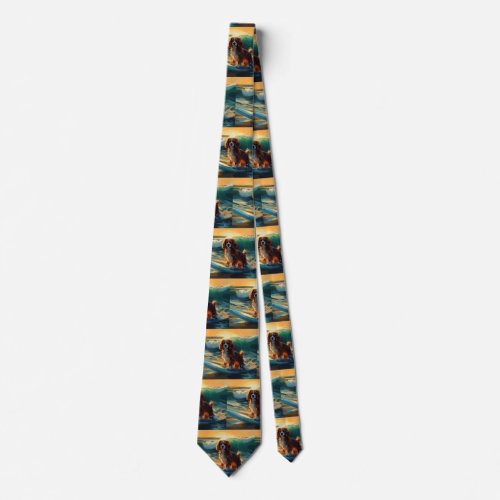 Cavalier King Beach Surfing Painting Neck Tie