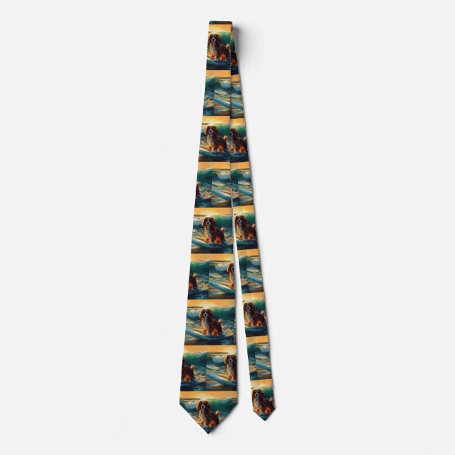 Cavalier King Beach Surfing Painting Neck Tie (Front)