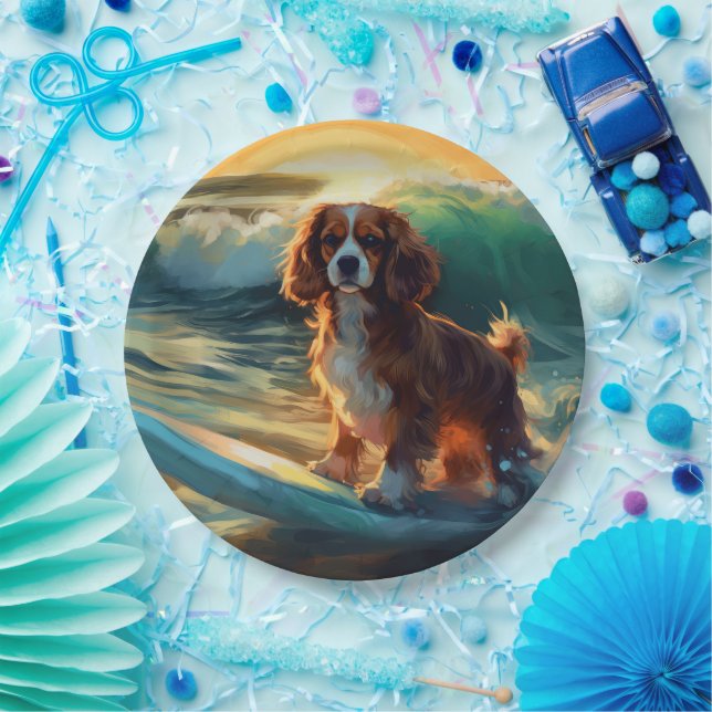 Cavalier King Beach Surfing Painting Paper Plates (Party)