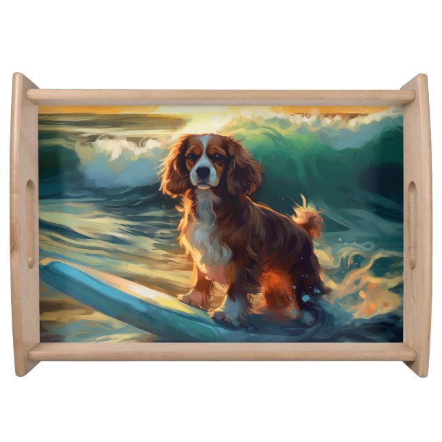 Cavalier King Beach Surfing Painting Serving Tray (Front)