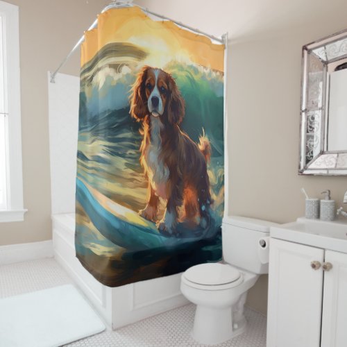 Cavalier King Beach Surfing Painting Shower Curtain