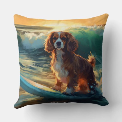 Cavalier King Beach Surfing Painting Throw Pillow