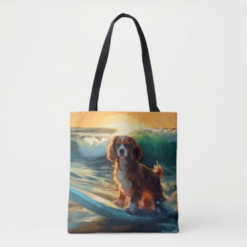 Cavalier King Beach Surfing Painting Tote Bag