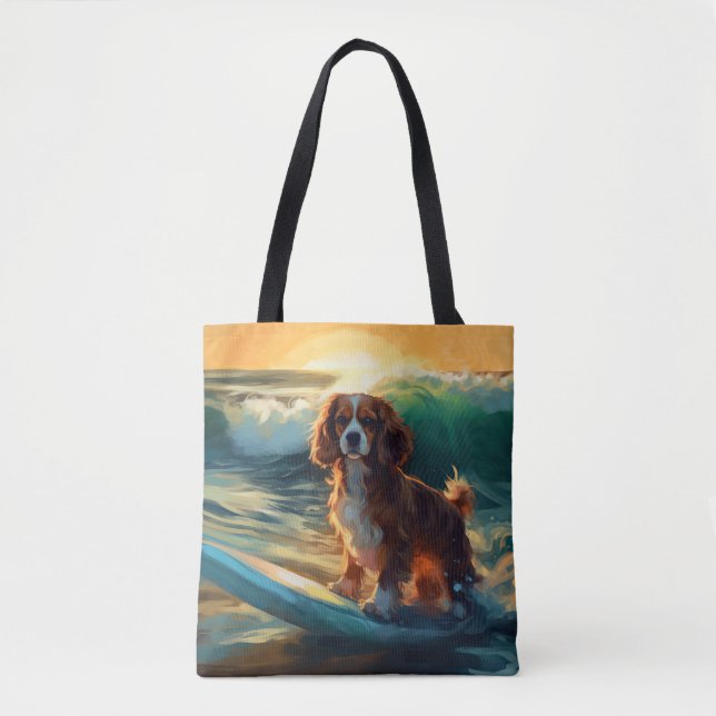 Cavalier King Beach Surfing Painting Tote Bag (Front)