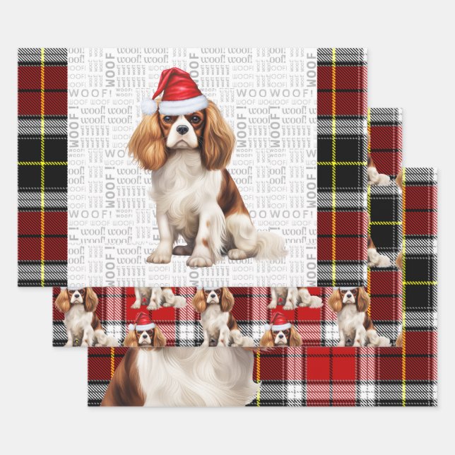 Cavalier King Charles Christmas Dog Holiday Plaid Wrapping Paper Sheets (Set)
