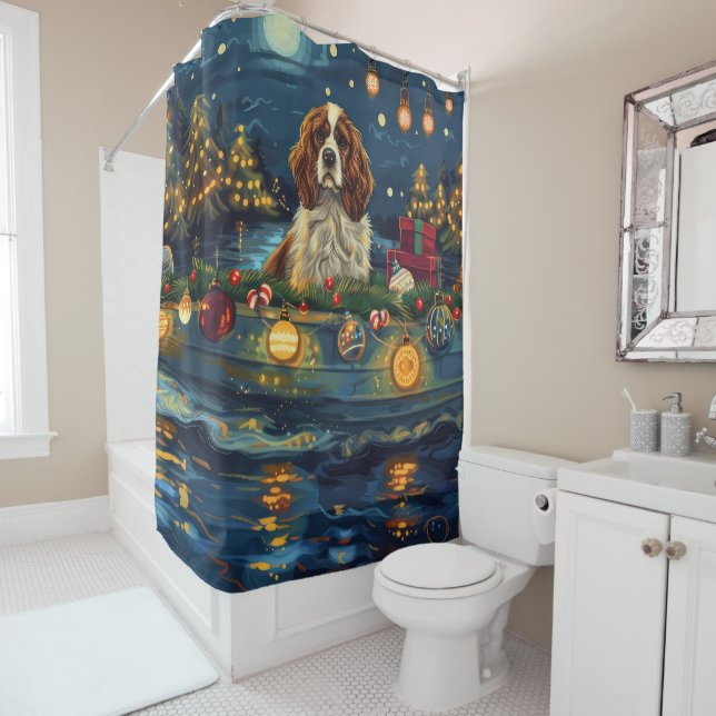Cavalier King Charles Christmas Festive Voyage Shower Curtain (In Situ)