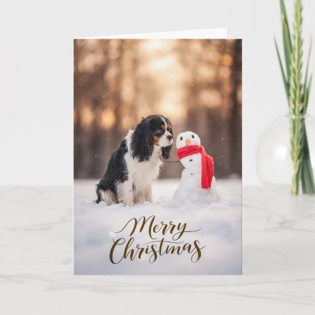 Cavalier King Charles Christmas Snowman Holiday Card (Front)