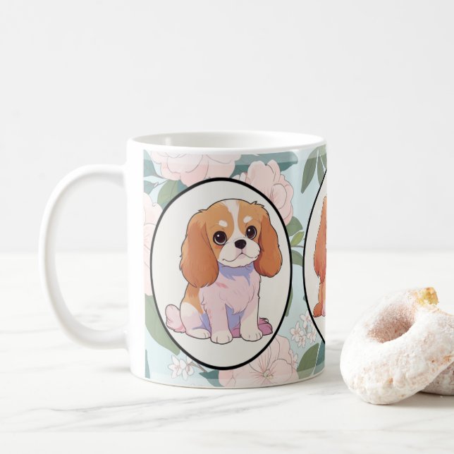 Cavalier King Charles classic flowers background Coffee Mug (With Donut)