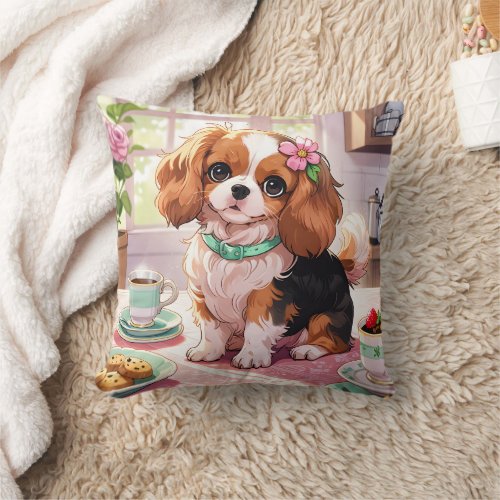 Cavalier King Charles cup of tea cottagecore Throw Pillow