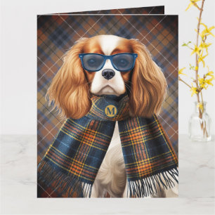 Cavalier King Charles Dog and Plaid Monogrammed Card