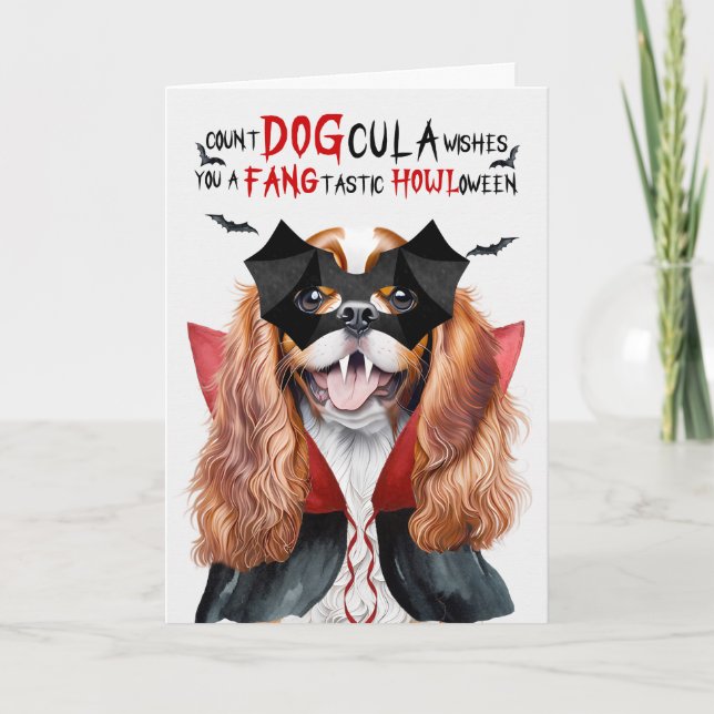 Cavalier King Charles Dog Count DOGcula Halloween Holiday Card (Front)